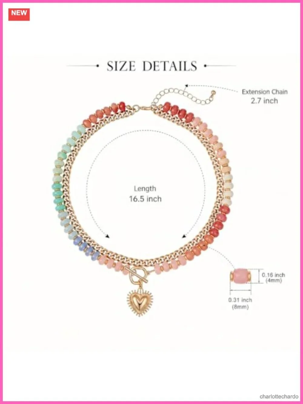 Layered Acrylic Bead Choker Necklace with 14k Gold Plated Heart Pendant for